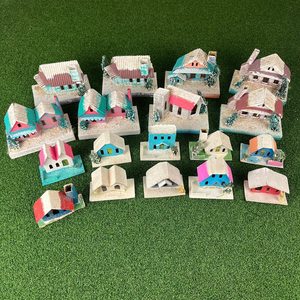 Vintage Japan Putz Christmas Village 18pc Cardboard Mica Houses Church MCM